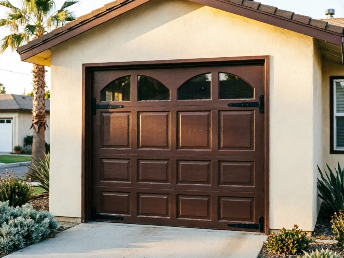 The brown garage door has decorative hardware and arched windows.