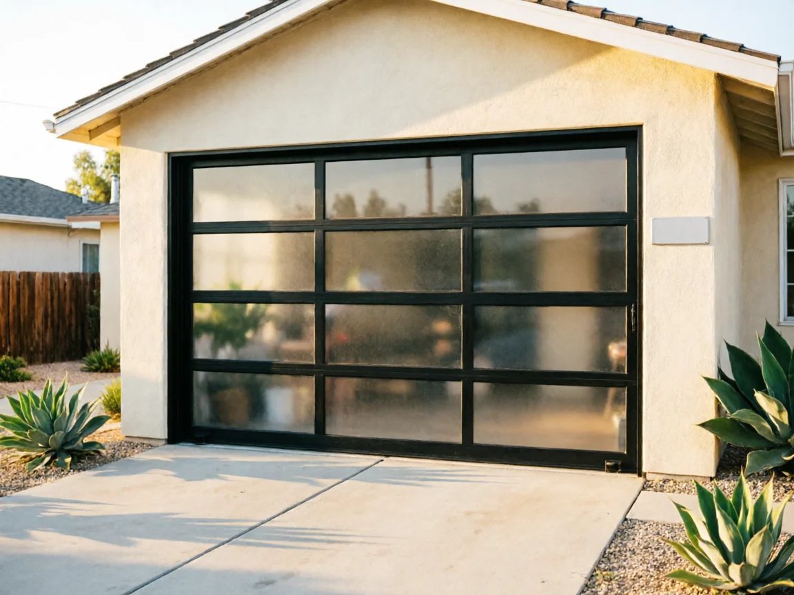 The house has a modern black garage door with frosted glass panels.