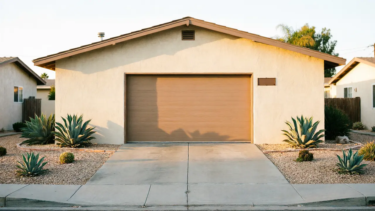 Installer checking a cream carriage-style garage door with a level under an arched opening