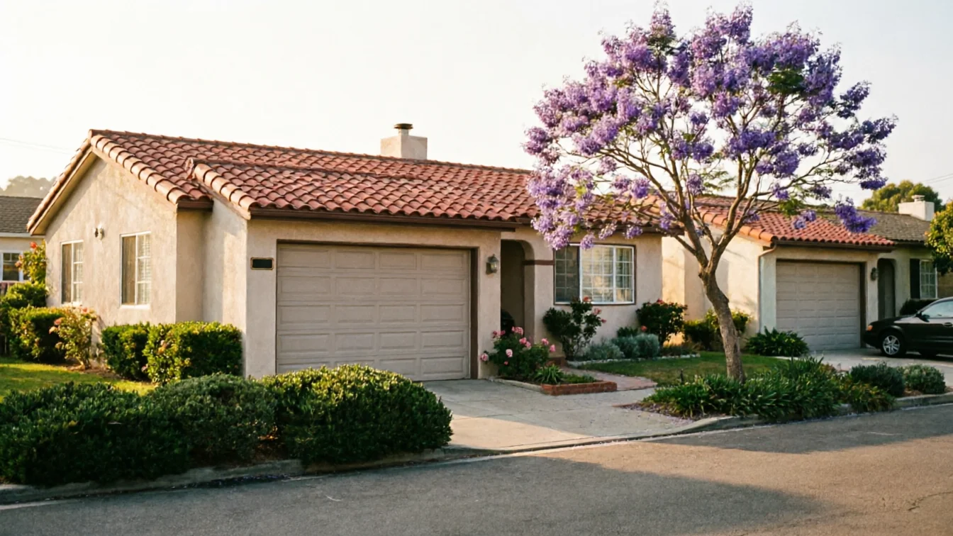 A beige house with a red tile roof and a single garage door.