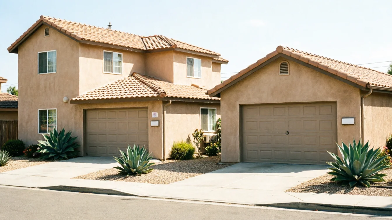 Two tan houses with brown garage doors and tile roofs sit under a clear sky.
