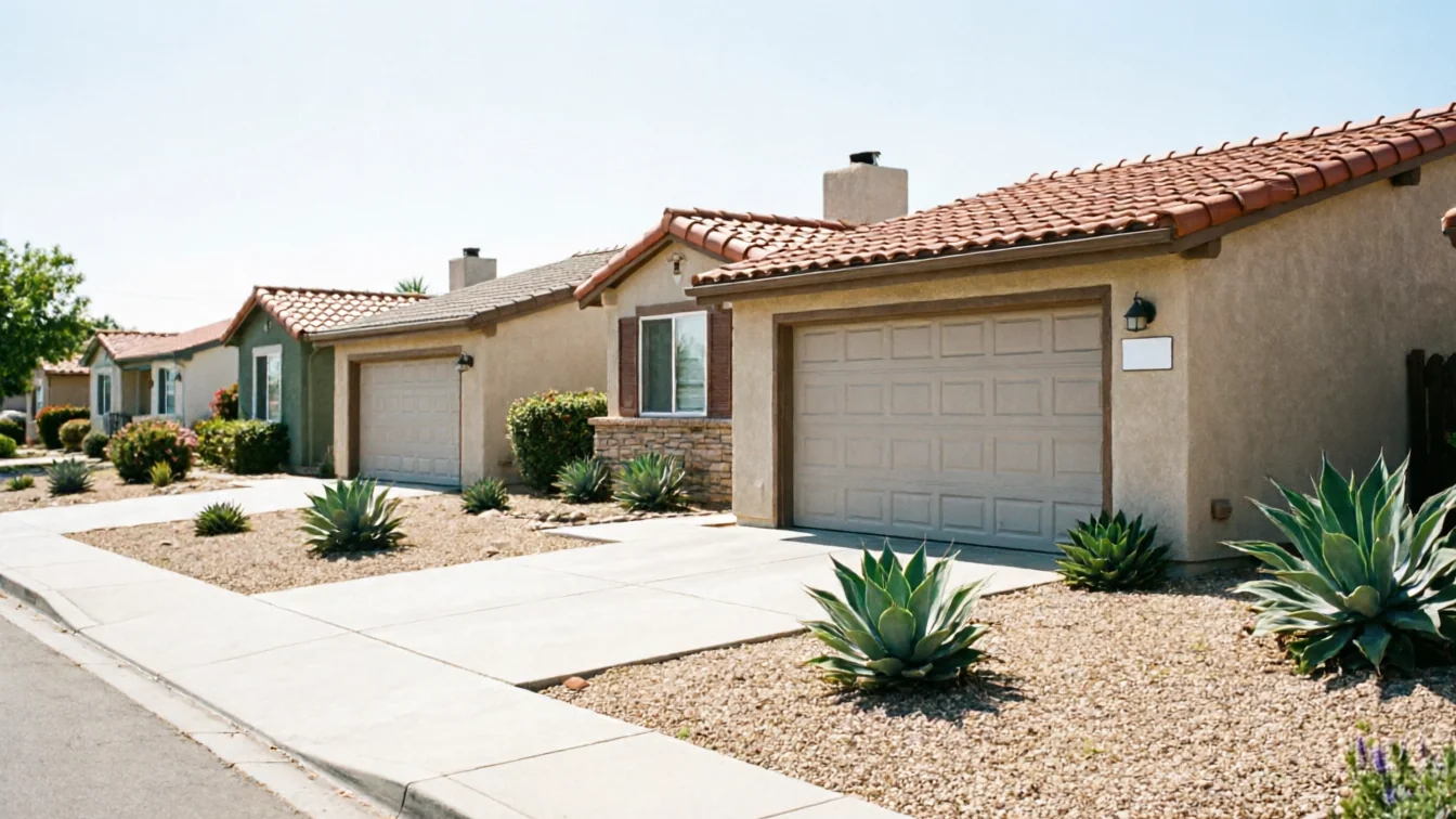 A row of houses with tan garage doors and desert landscaping.