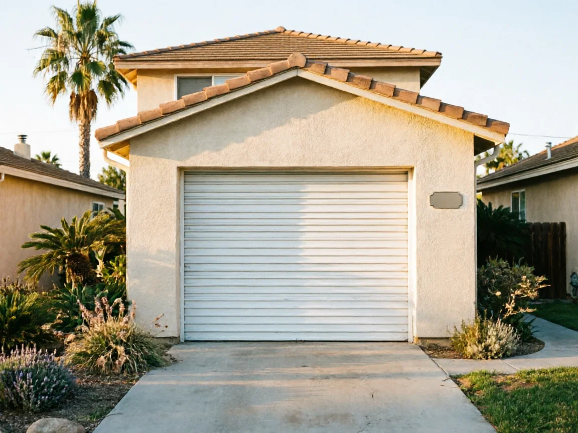 The house has a white garage door with horizontal panels and a stucco exterior.