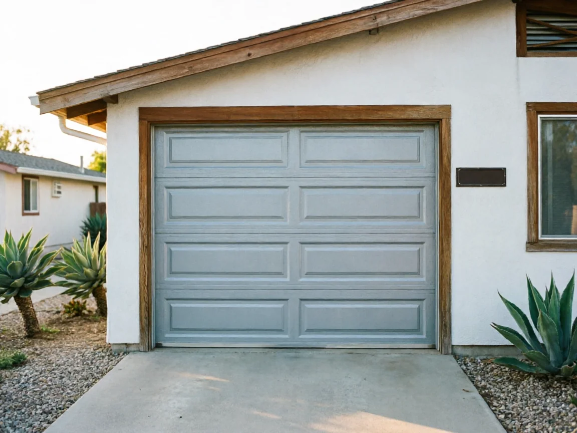The house has a light gray garage door with a brown frame and white stucco walls.