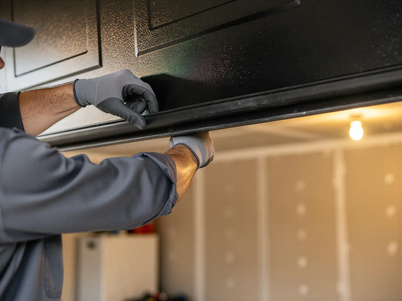 A technician in gloves adjusts the weather seal on a black garage door.