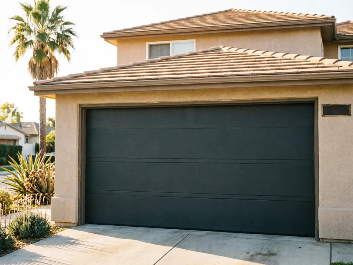 The house has a dark gray garage door and a palm tree in the background.