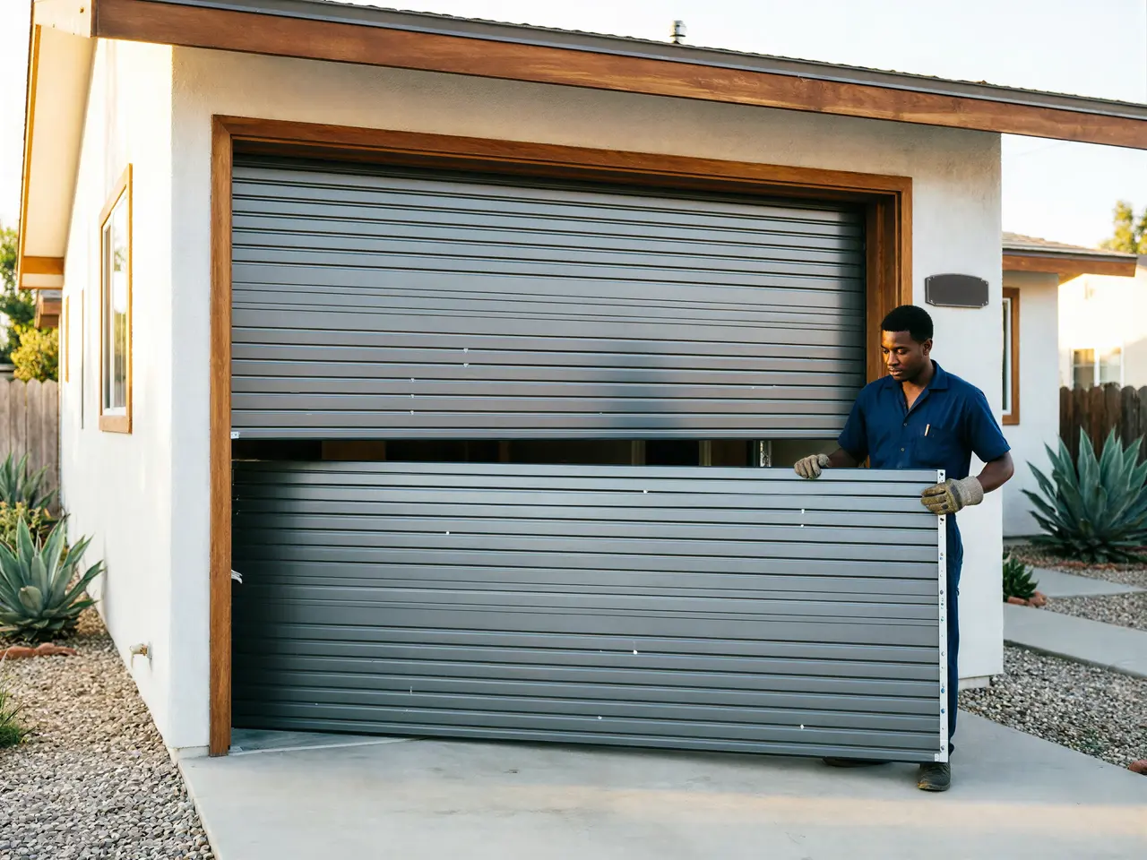A technician installs a gray roll-up garage door on a white house.