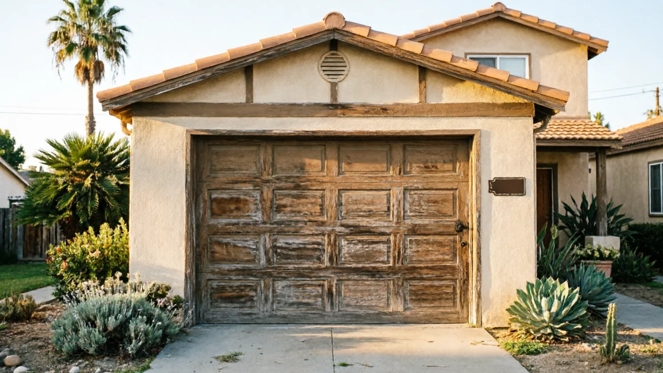 The house has a weathered wooden garage door and a tiled roof.