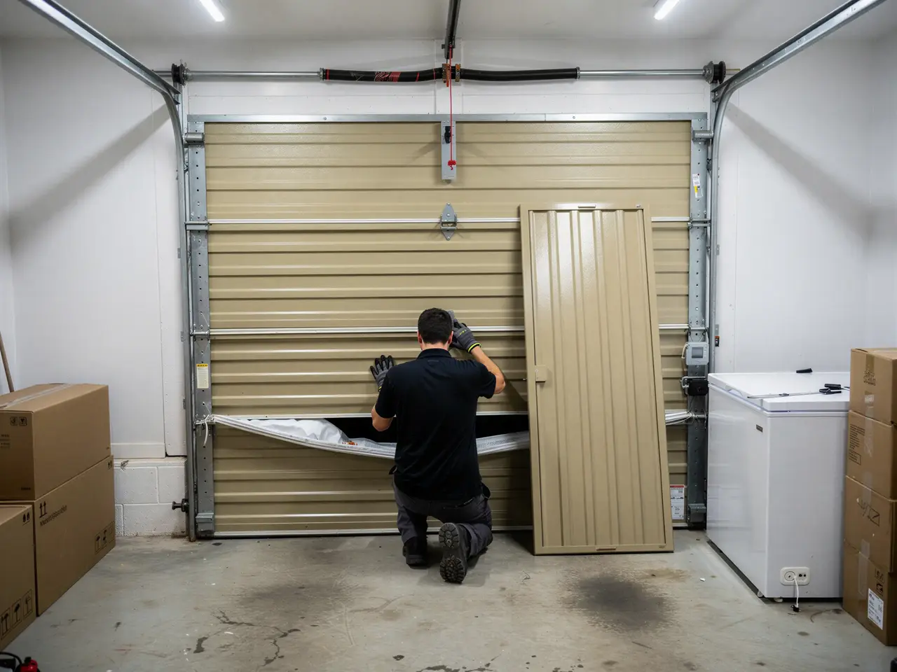 A technician kneels, repairing a damaged tan garage door with a detached panel.