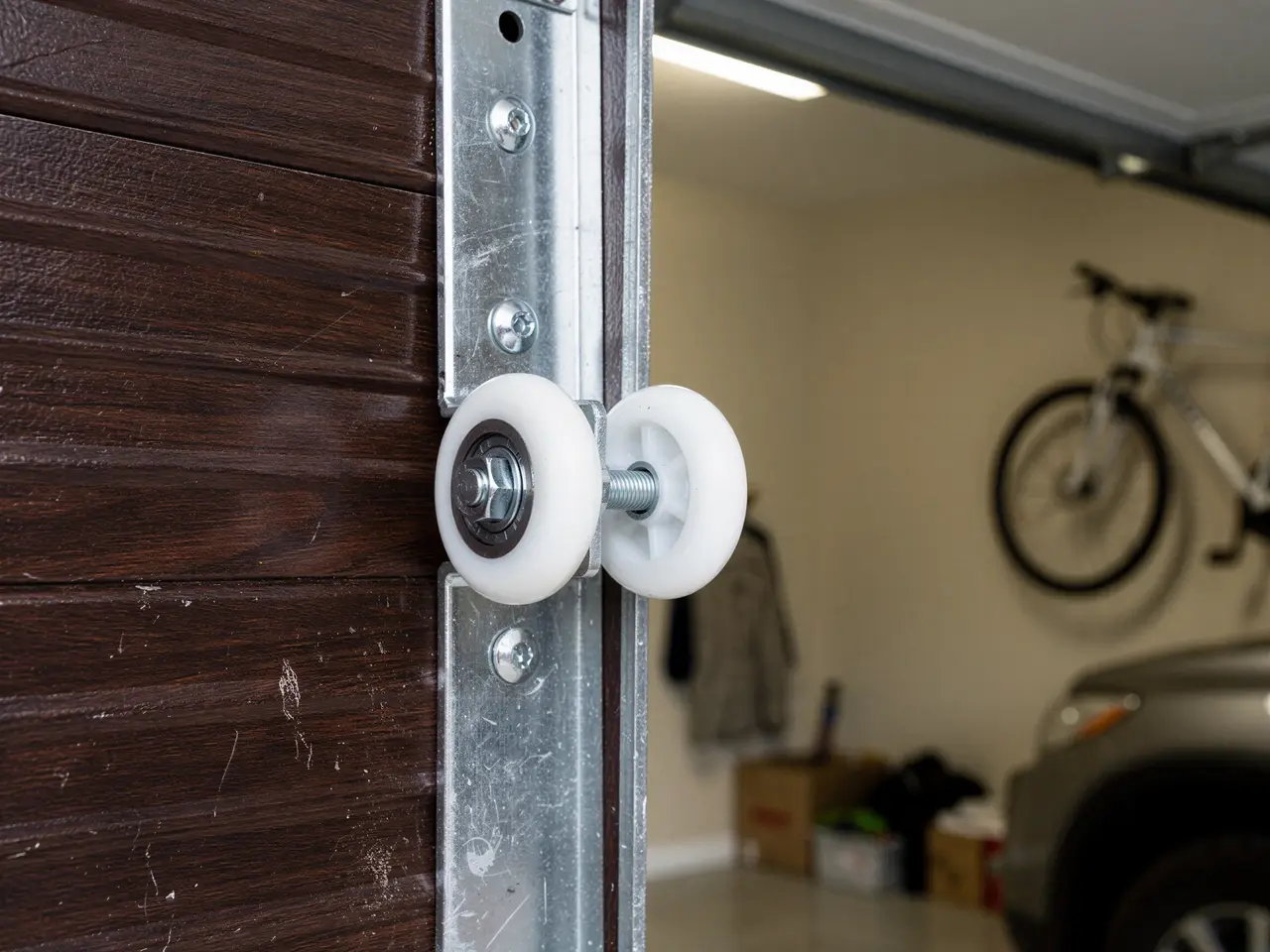 Two white garage door rollers are on a metal track next to a brown door.