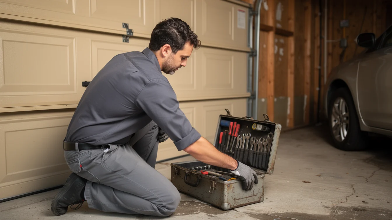 A technician kneels in a garage, reaching into an open toolbox with various tools.